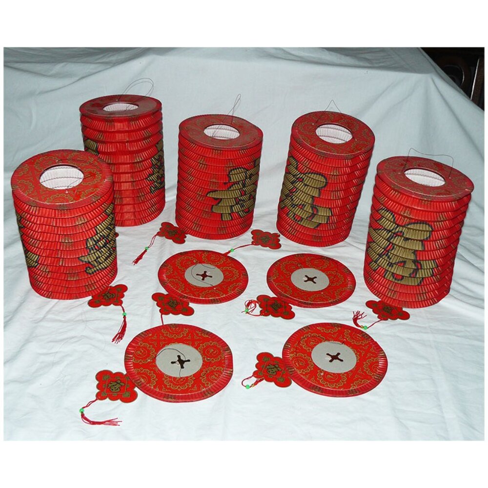 9 CHINESE JAPANESE FESTIVAL Red & Gold Party Paper LANTERN LAMP Set, EUC